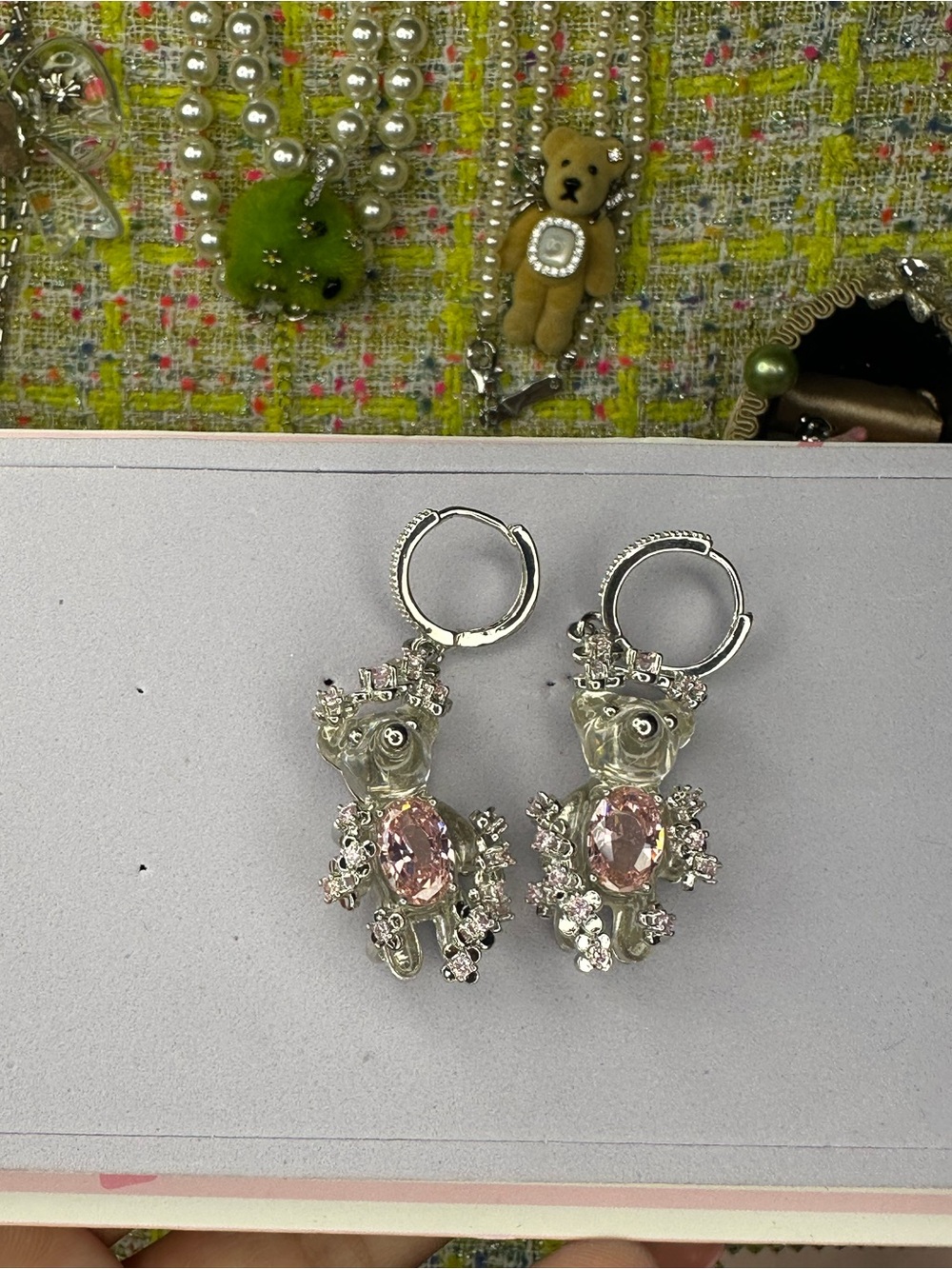 YVMINSilver Teddy Bear Drop Earrings with Pink Crystals - Women Jewelry